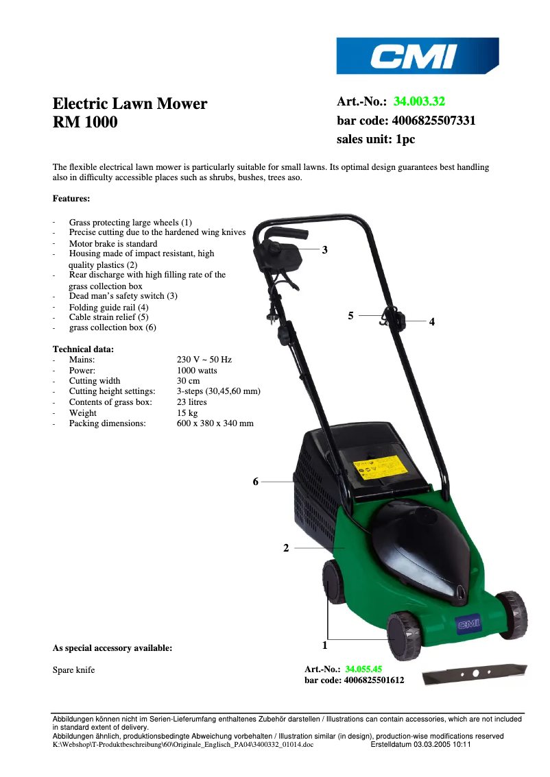 Página 1 del manual Ficha técnica CMI RM 1000