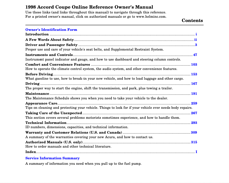Imagen de la primera página del manual del dispositivo Accord Coupe (1998)