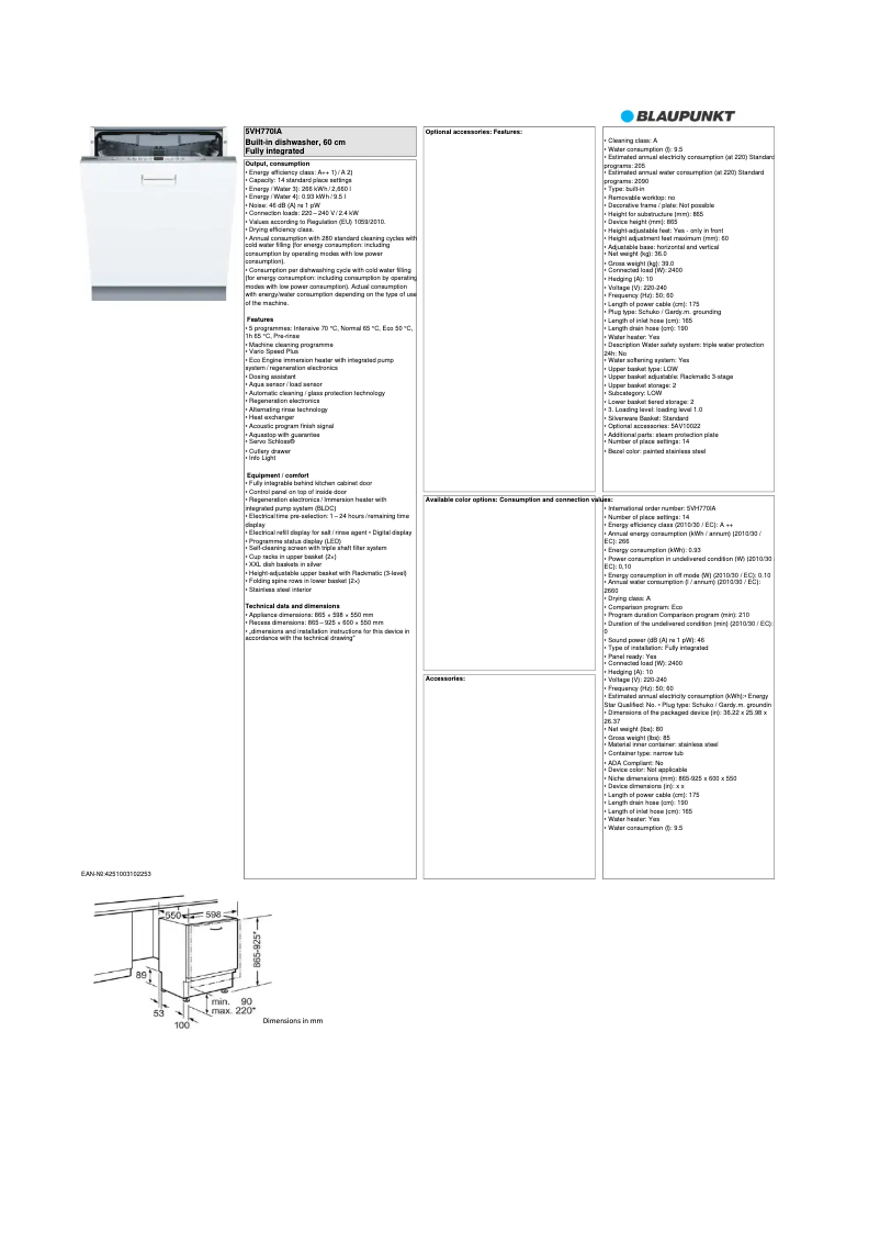 Página 1 del manual Ficha técnica Blaupunkt 5VH770IA