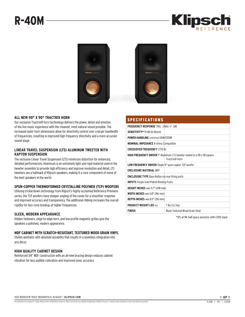 Página 1 del manual Ficha técnica Klipsch R-40M