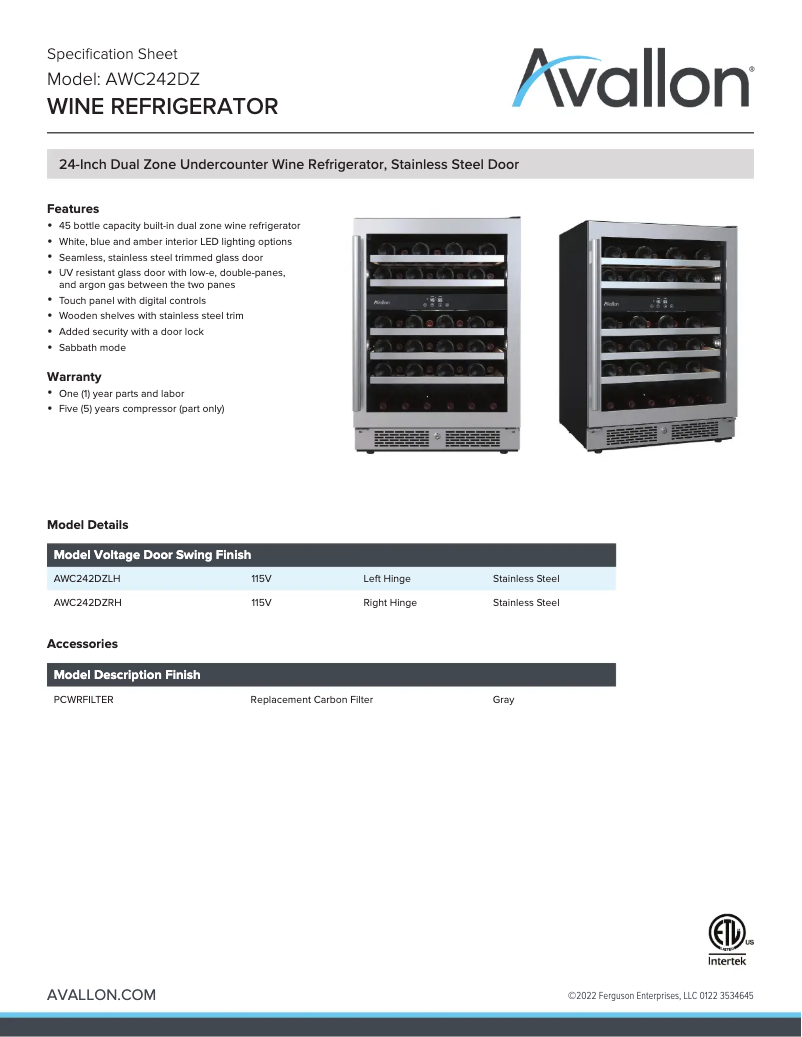 Página 1 del manual Ficha técnica Avallon AWC242DZRH