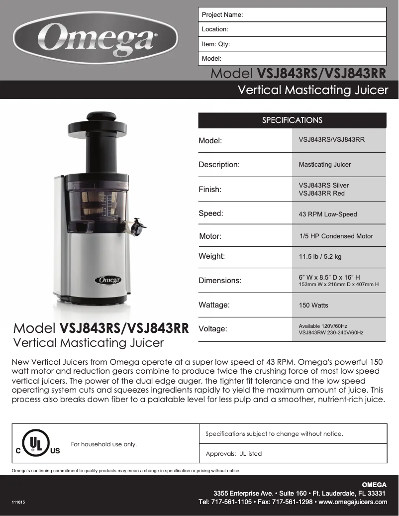 Página 1 del manual Ficha técnica Omega VSJ843RS