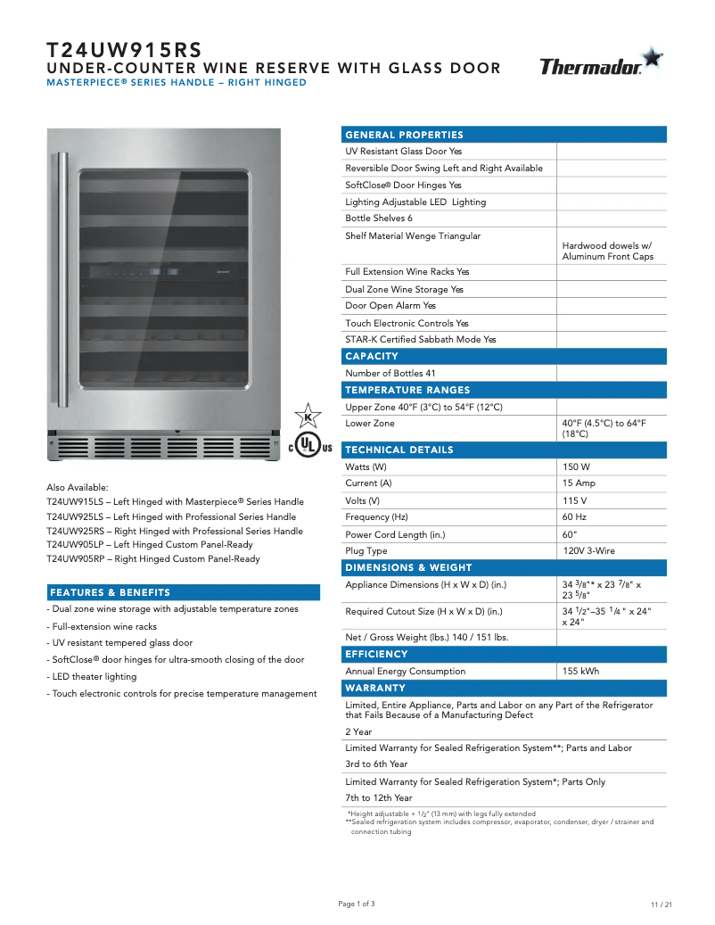 Página 1 del manual Ficha técnica Thermador T24UW915RS
