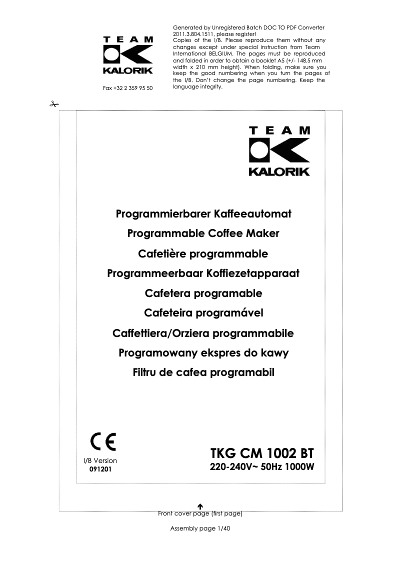 Imagen de la primera página del manual del dispositivo TKG CM 1002 BT