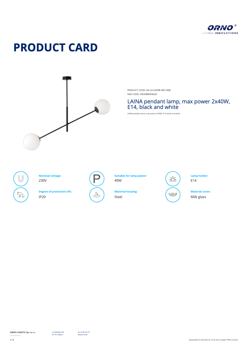 Página 1 del manual Ficha técnica Adviti AD-LD-6309B-WE14SM