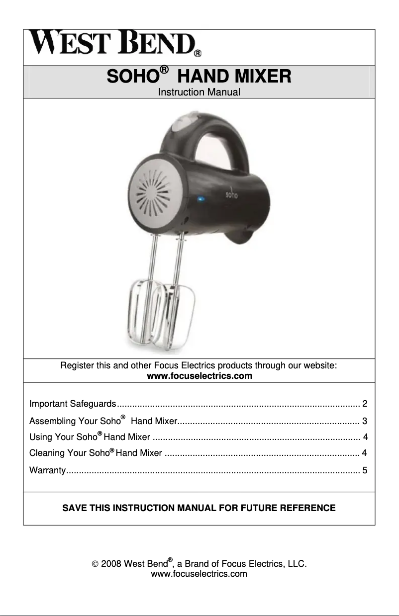 Página 1 del manual Manual de usuario WestBend SHHM100