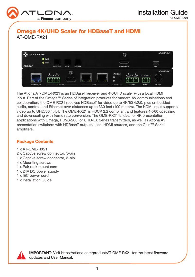 Página nº 1 - Guía de instalación Atlona AT-OME-RX21