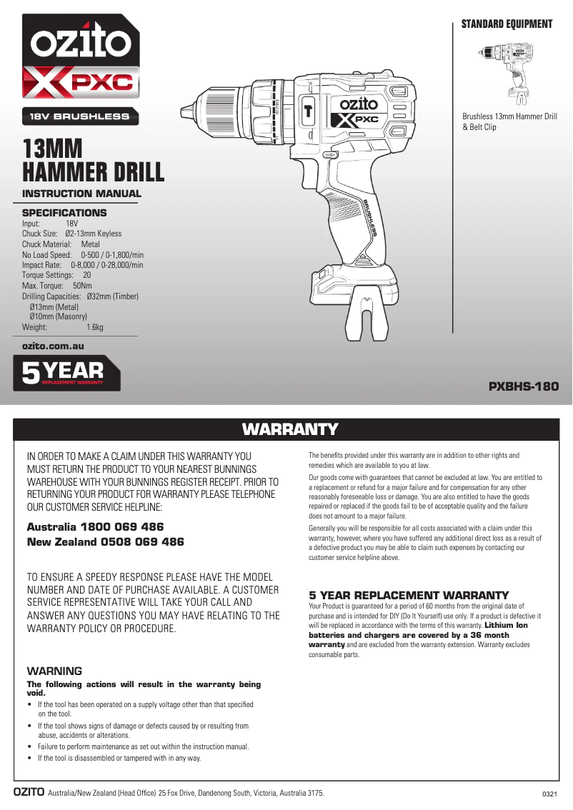 Página nº 1 - Manual de usuario Ozito PXBHS-180