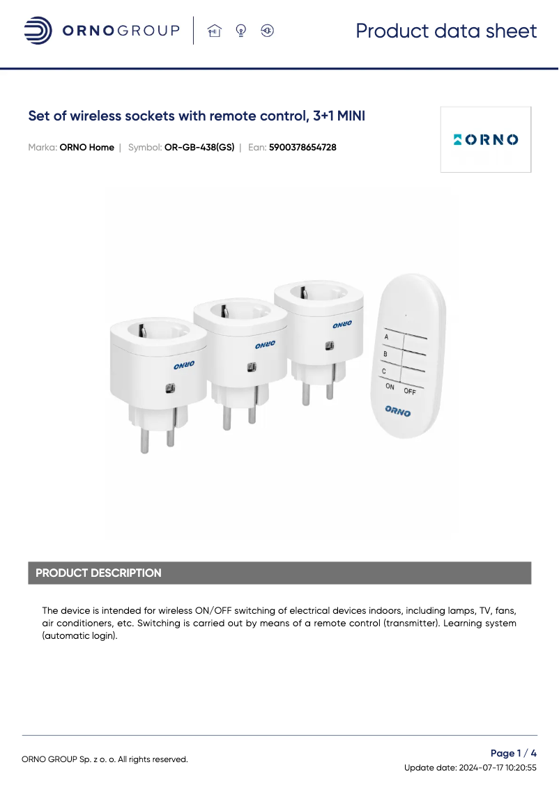 Página 1 del manual Ficha técnica ORNO OR-GB-438