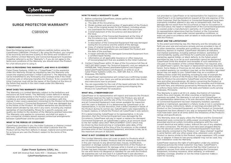 Página 1 del manual Información de garantía CyberPower Essential CSB100W