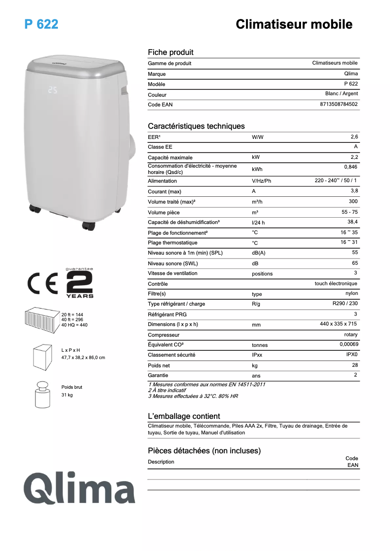 Página 1 del manual Ficha técnica Qlima P 622