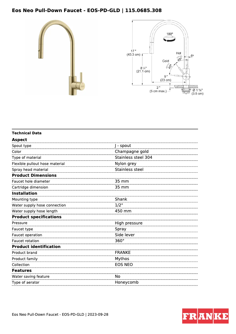 Página 1 del manual Ficha técnica Franke EOS-PD-GLD