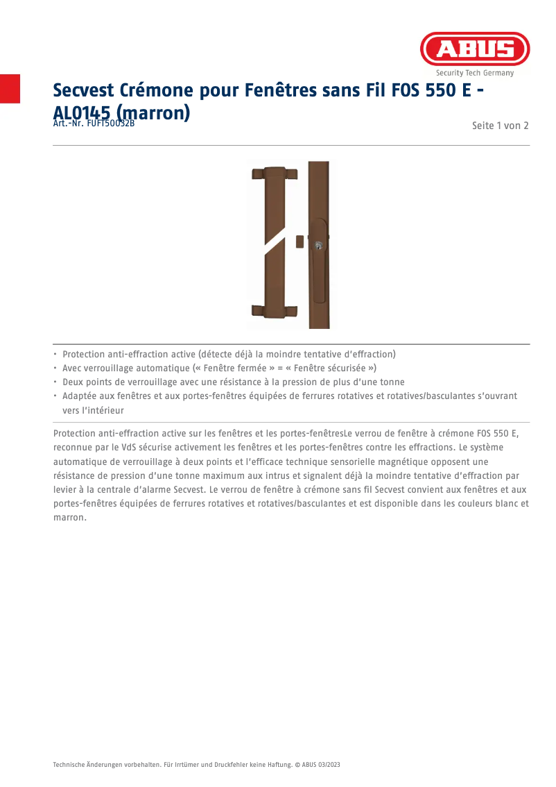 Página 1 del manual Ficha técnica Abus FUFT50032B