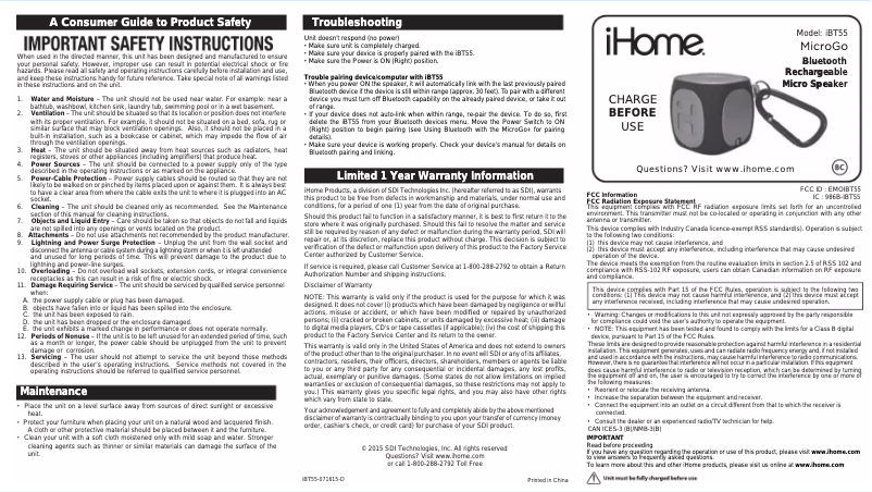 Página nº 1 - Manual de usuario iHome iBT55