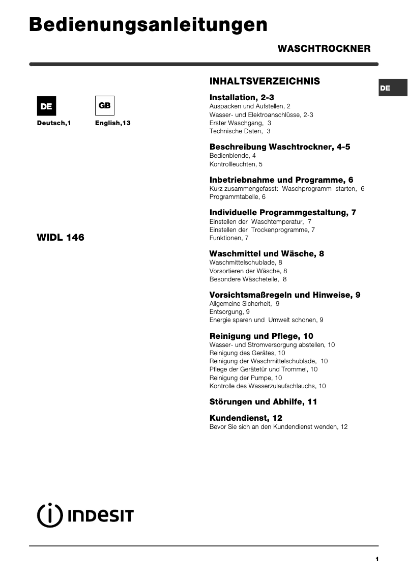 Imagen de la primera página del manual del dispositivo WIDL 146 (DE)