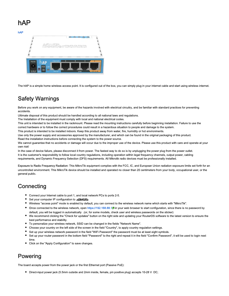 Imagen de la primera página del manual del dispositivo hAP