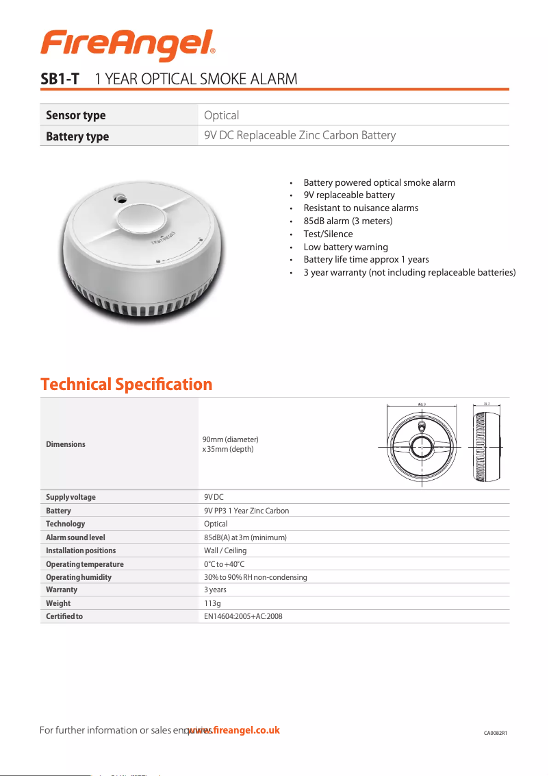Página 1 del manual Ficha técnica FireAngel SB1-T