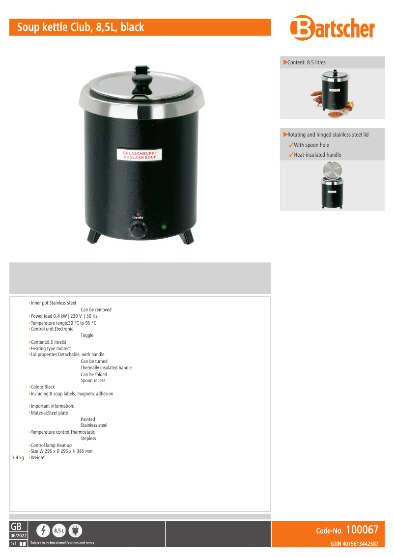Página 1 del manual Ficha técnica Bartscher 100067