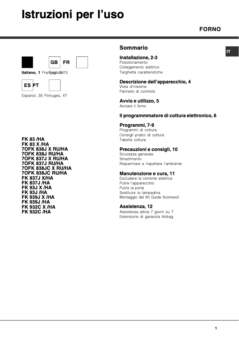 Página 1 del manual Manual de usuario Hotpoint Ariston FK 83 X/HA