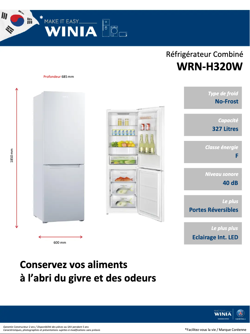 Página 1 del manual Ficha técnica Winia WRN-H320W
