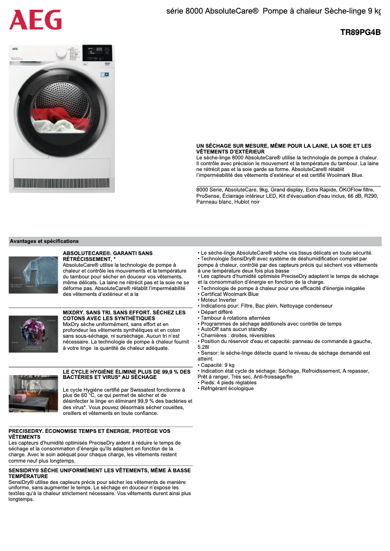 Página 1 del manual Ficha técnica AEG TR89PG4B