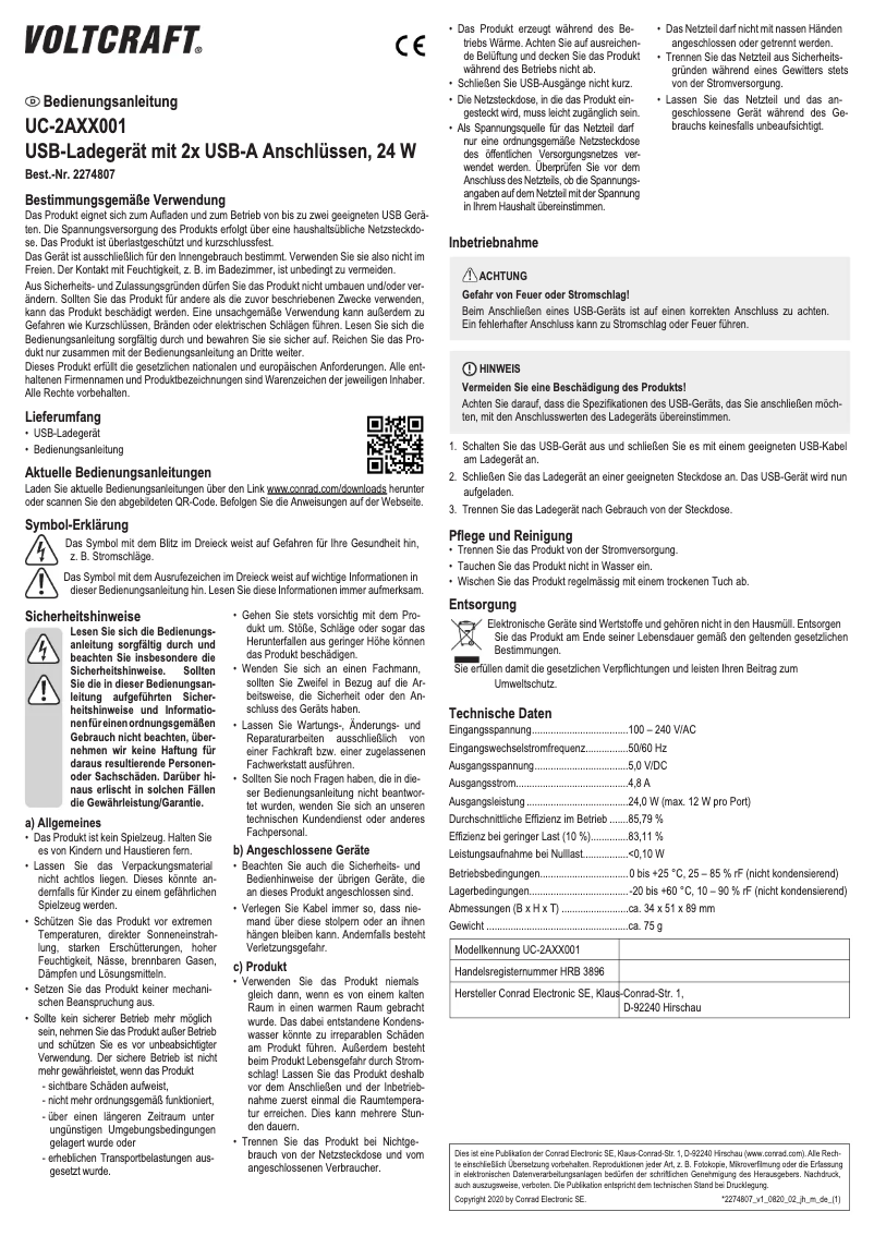 Página 1 del manual Manual de usuario Voltcraft UC-2AXX001