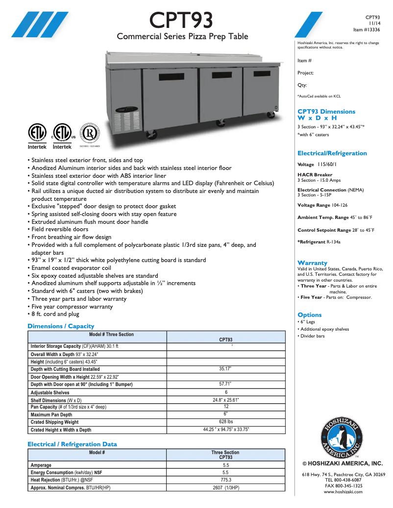 Página 1 del manual Ficha técnica Hoshizaki CPT93