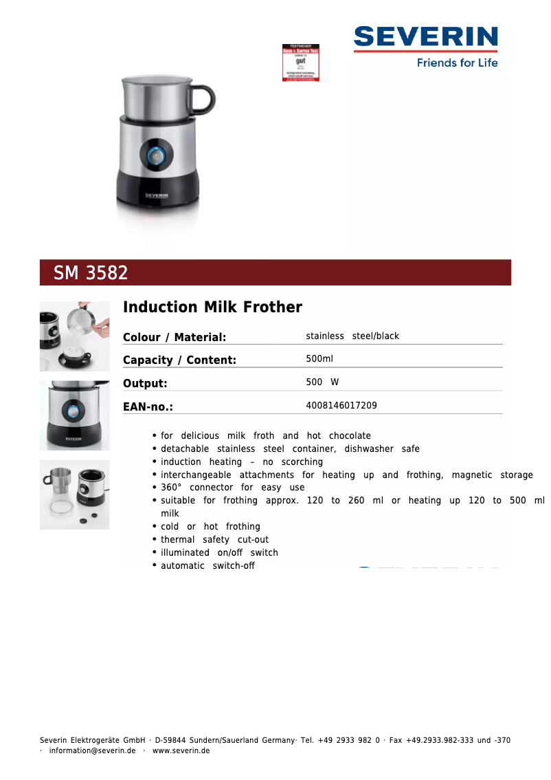 Página 1 del manual Ficha técnica Severin SM 3582