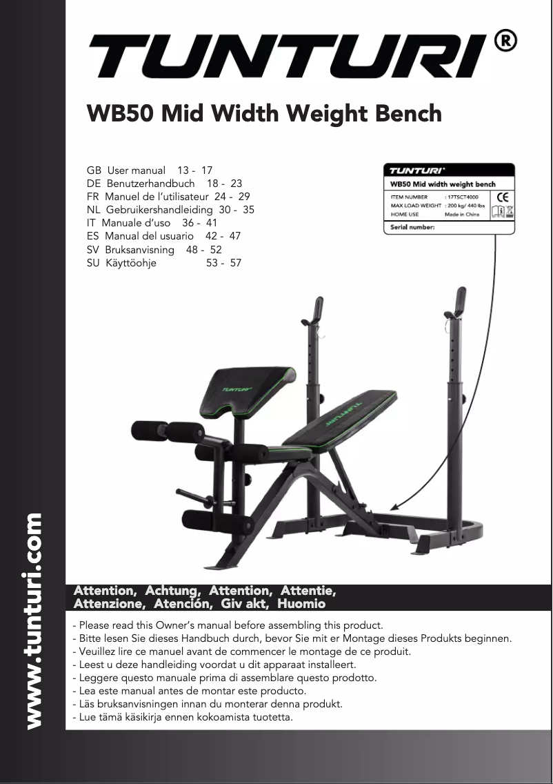 Página 1 del manual Manual de usuario Tunturi WB50 Mid Width Weight Bench