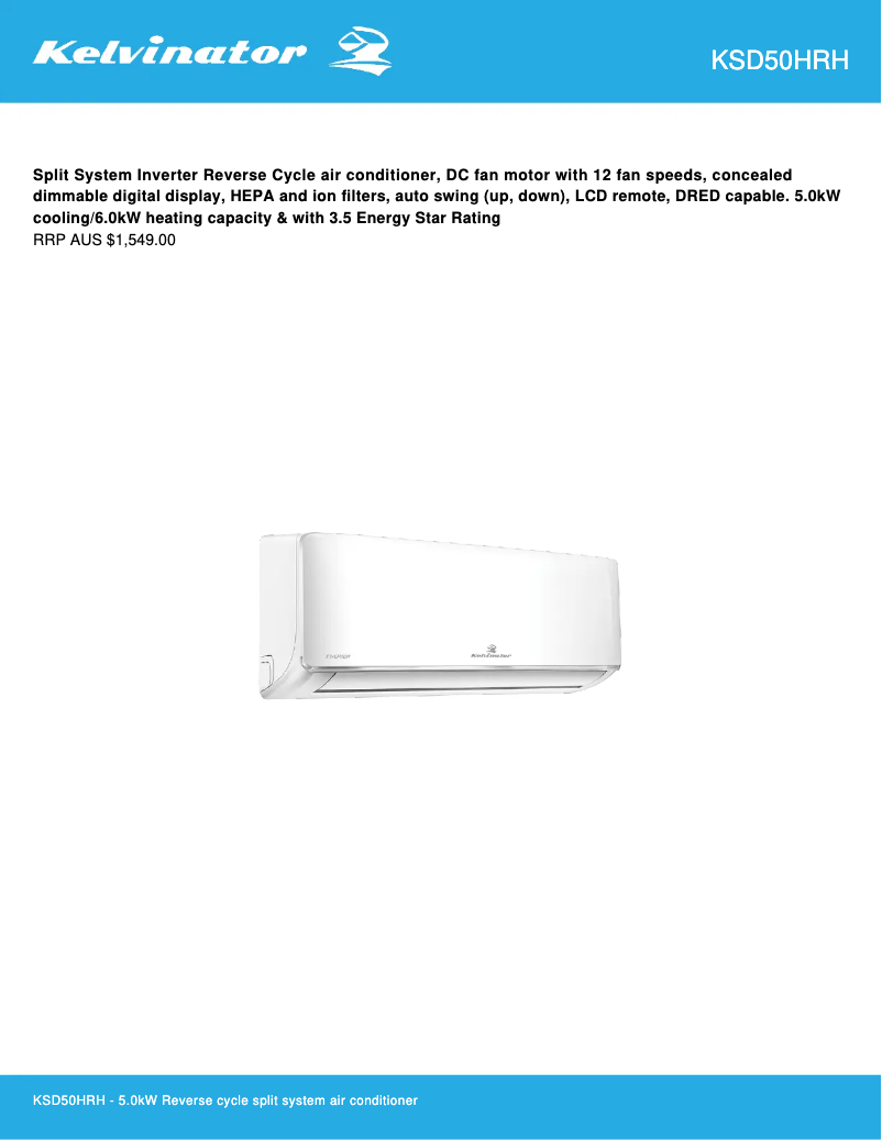 Página 1 del manual Ficha técnica Kelvinator KSD50HRH