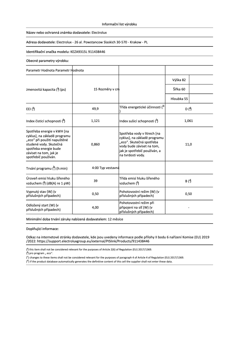 Página 1 del manual Ficha técnica Electrolux KEZA9315L