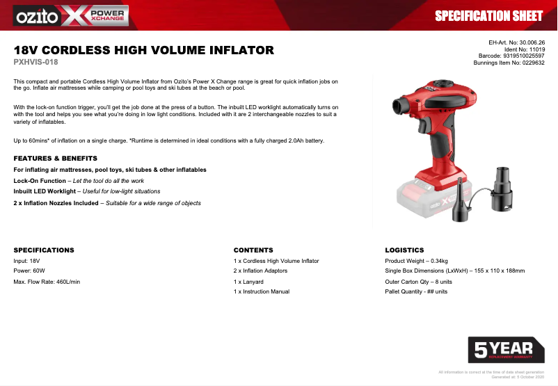 Página 1 del manual Ficha técnica Ozito PXHVIS-018