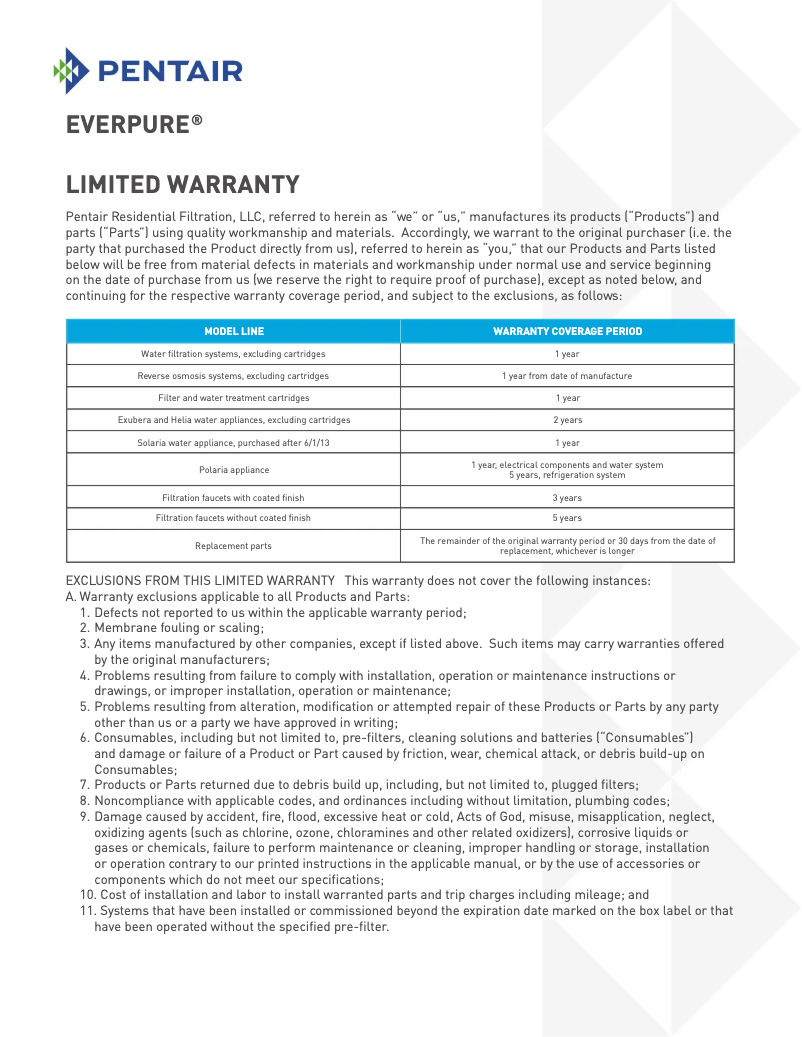 Página 1 del manual Información de garantía Everpure PBS-400
