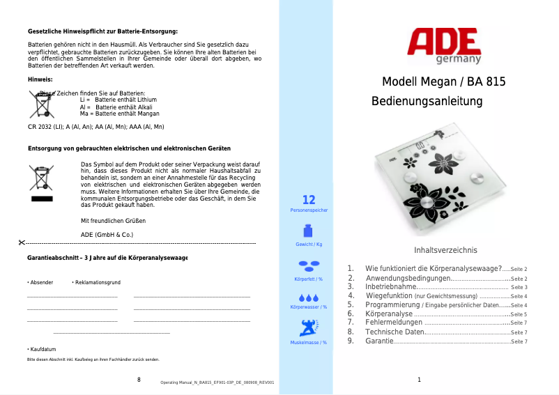 Imagen de la primera página del manual del dispositivo Megan BA 815