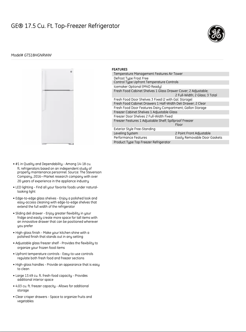Página 1 del manual Ficha técnica GE GIE18DTNRWW