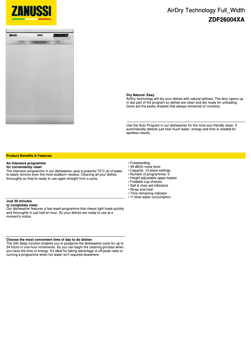 Página 1 del manual Ficha técnica Zanussi ZDF26004XA