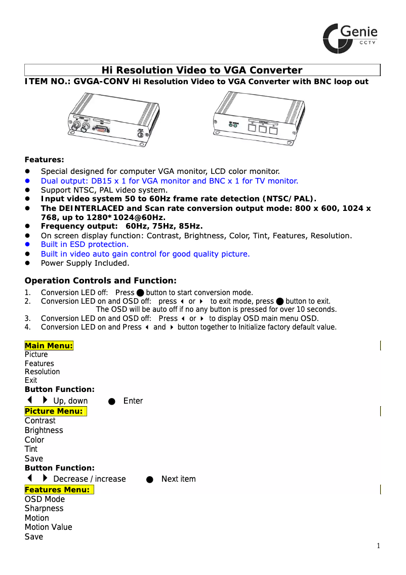 Página 1 del manual Manual de usuario Genie GVGA-CONV