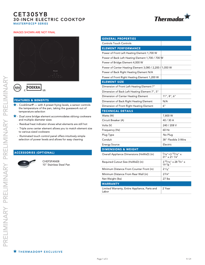 Página 1 del manual Ficha técnica Thermador CET305YB