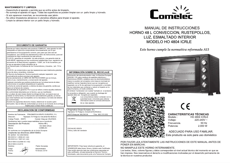Página 1 del manual Manual de usuario Comelec HO 4804 ICRL