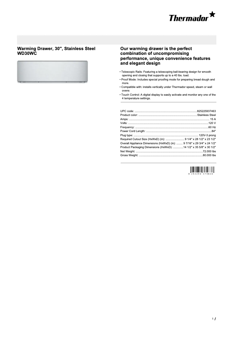 Página 1 del manual Ficha técnica Thermador WD30WC