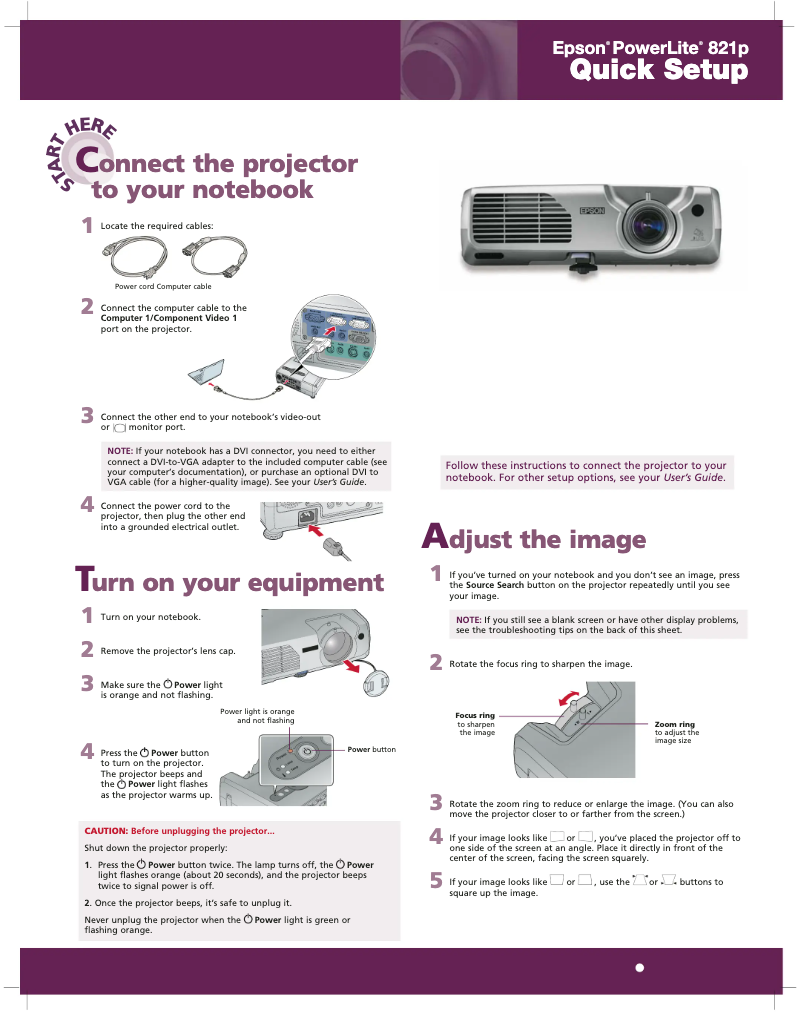 Imagen de la primera página del manual del dispositivo PowerLite 821p