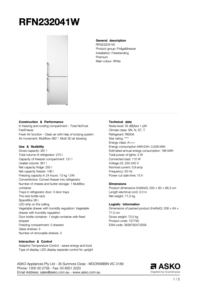 Página nº 1 - Ficha técnica Asko RFN232041W