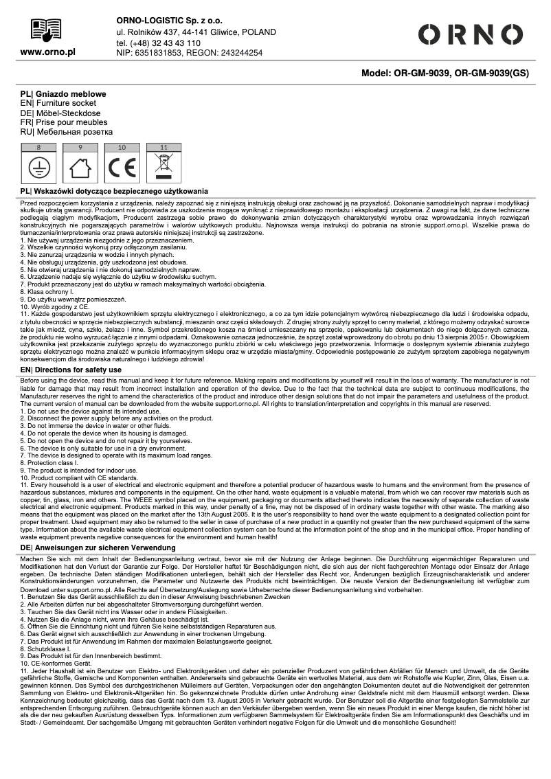 Imagen de la primera página del manual del dispositivo OR-GM-9039