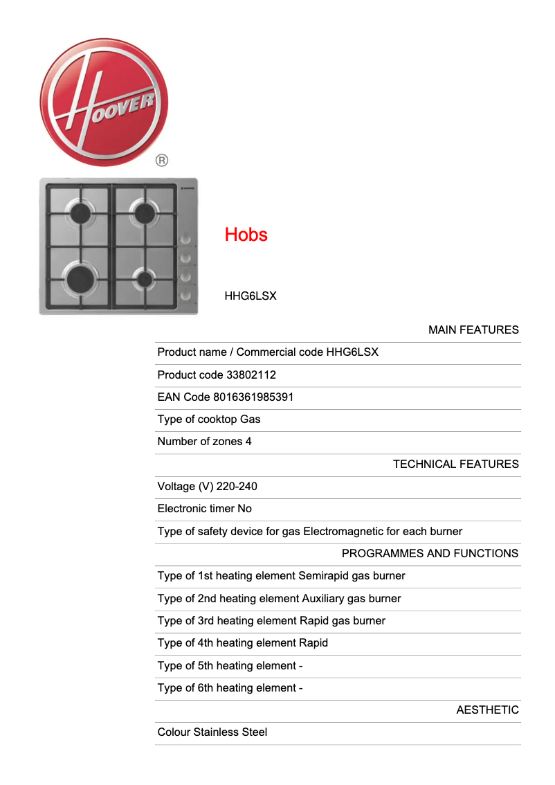 Página 1 del manual Ficha técnica Hoover HHG6LSX