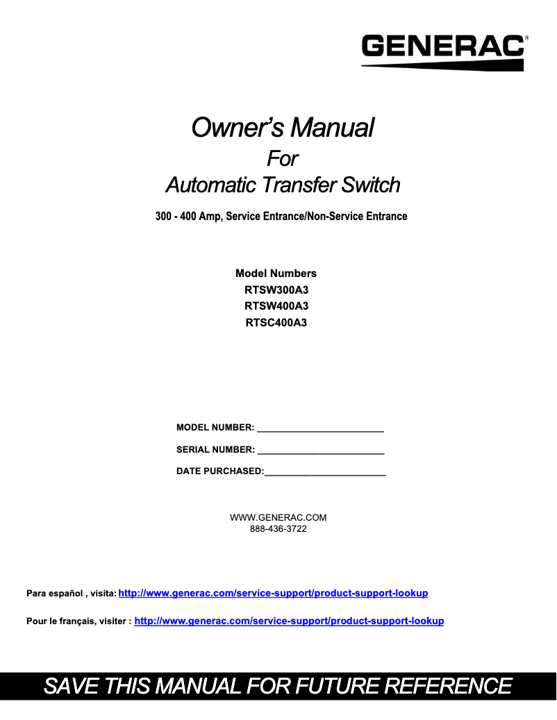 Página 1 del manual Manual de usuario Generac RTSW400A3