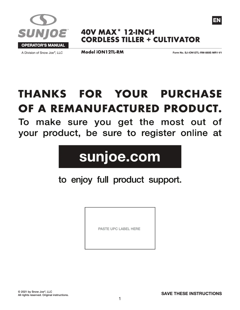 Página 1 del manual Manual de usuario Sun Joe ION12TL-RM