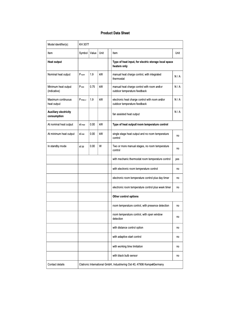 Página 1 del manual Ficha técnica Clatronic KH 3077 N