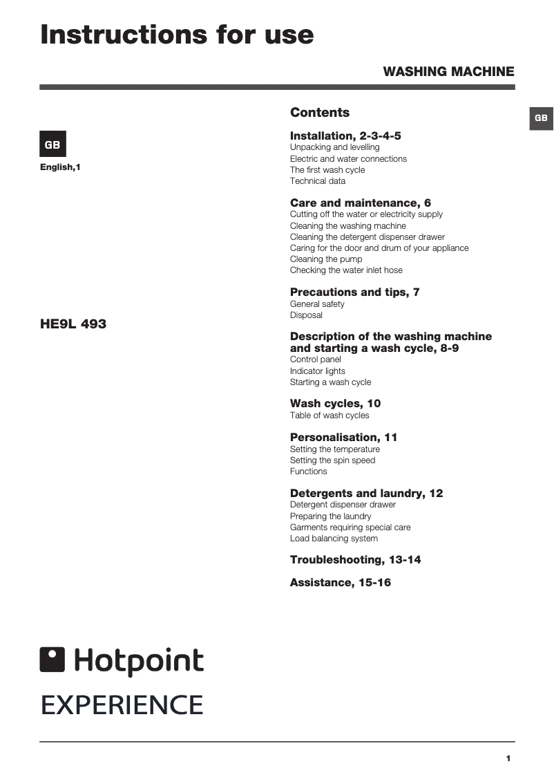 Imagen de la primera página del manual del dispositivo HE9L493 Experience