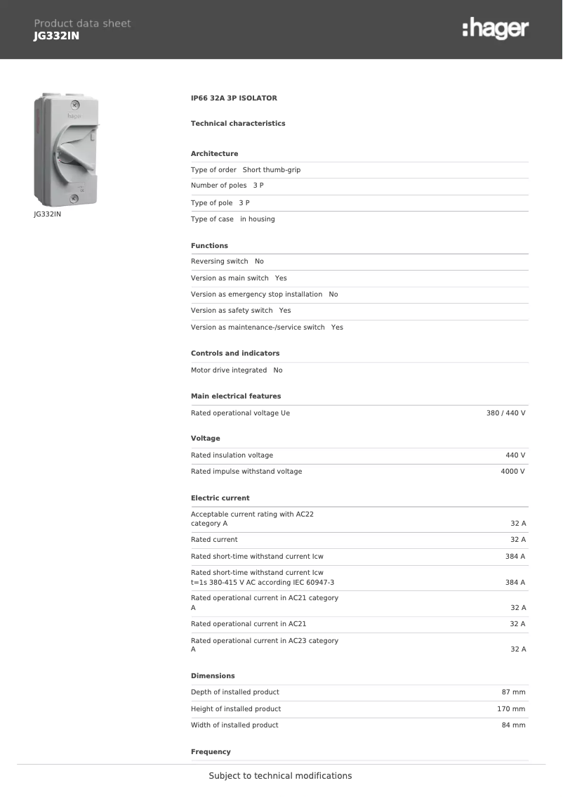 Página 1 del manual Ficha técnica Hager JG332IN
