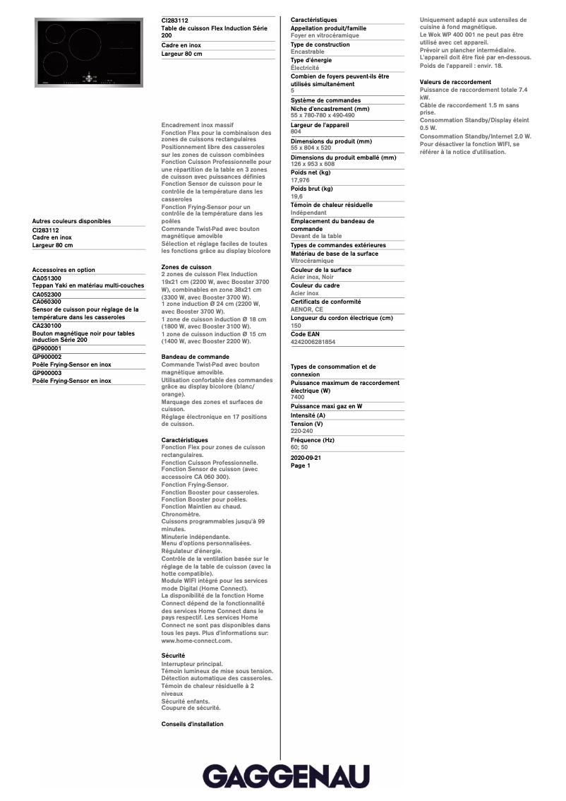 Página 1 del manual Ficha técnica Gaggenau CI283112